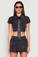 Womens Mineral Wash Crop Top with Necktie, Black, Size M