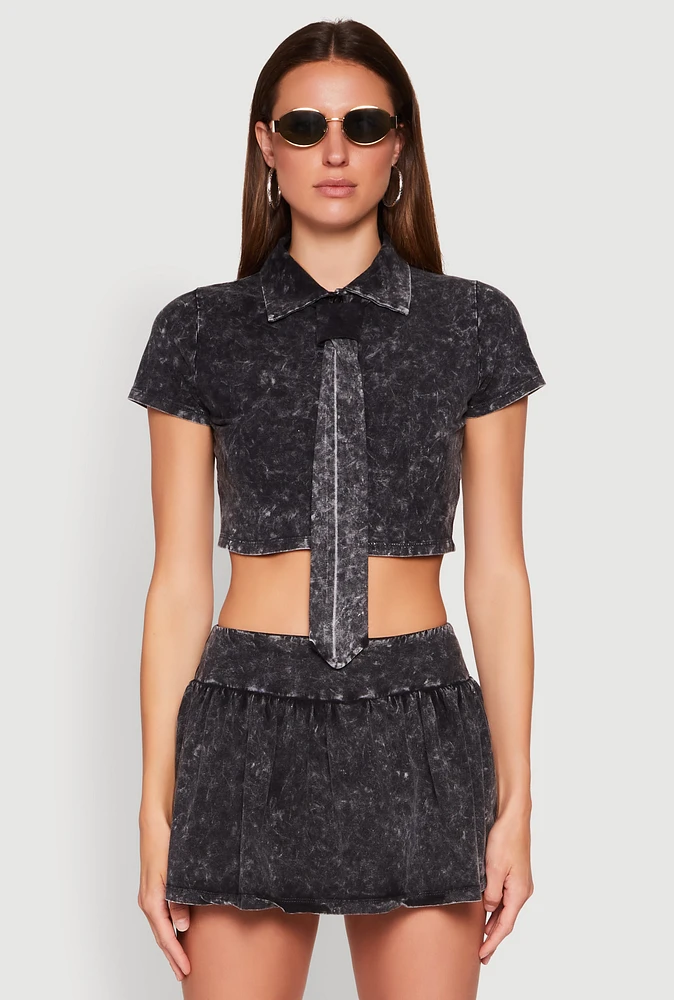 Womens Mineral Wash Crop Top with Necktie, Black, Size XL