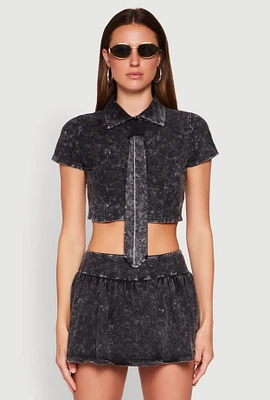 Womens Mineral Wash Crop Top with Necktie, Black, Size XL