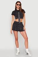 Womens Mineral Wash Crop Top with Necktie, Black, Size M