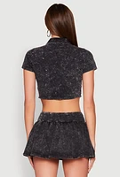 Womens Mineral Wash Crop Top with Necktie, Black, Size M