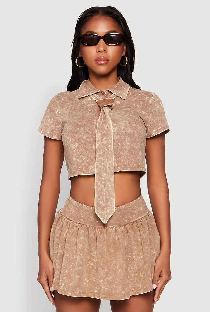 Womens Mineral Wash Crop Top with Necktie,