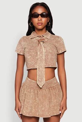 Womens Mineral Wash Crop Top with Necktie,