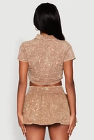 Womens Mineral Wash Crop Top with Necktie,