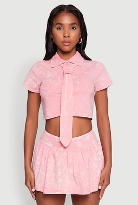 Womens Mineral Wash Crop Top with Necktie, Pink, Size S
