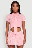 Womens Mineral Wash Crop Top with Necktie, Pink, Size S