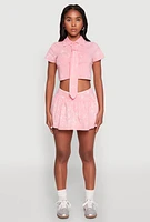 Womens Mineral Wash Crop Top with Necktie, Pink, Size S