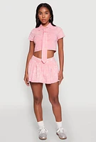 Womens Mineral Wash Crop Top with Necktie, Pink, Size S