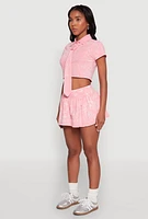 Womens Mineral Wash Crop Top with Necktie, Pink, Size S
