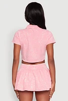 Womens Mineral Wash Crop Top with Necktie, Pink, Size S