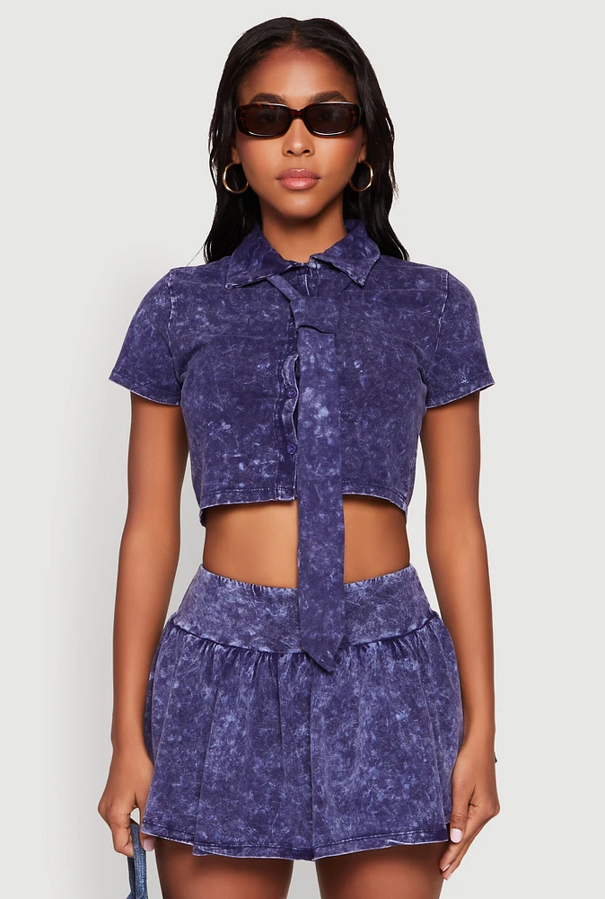 Womens Mineral Wash Crop Top with Necktie, Blue, Size S