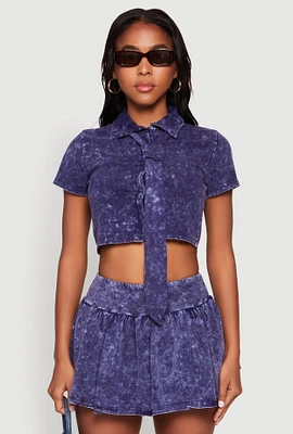 Womens Mineral Wash Crop Top with Necktie, Blue, Size S