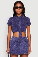Womens Mineral Wash Crop Top with Necktie, Blue, Size S