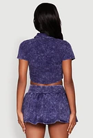 Womens Mineral Wash Crop Top with Necktie, Blue, Size S