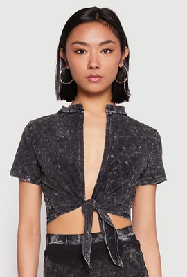 Womens Mineral Wash Tie Front Crop Top, Grey, Size XL