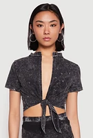 Womens Mineral Wash Tie Front Crop Top, Grey, Size XL