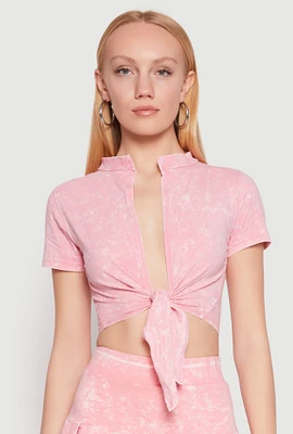 Womens Mineral Wash Tie Front Crop Top, Pink, Size M