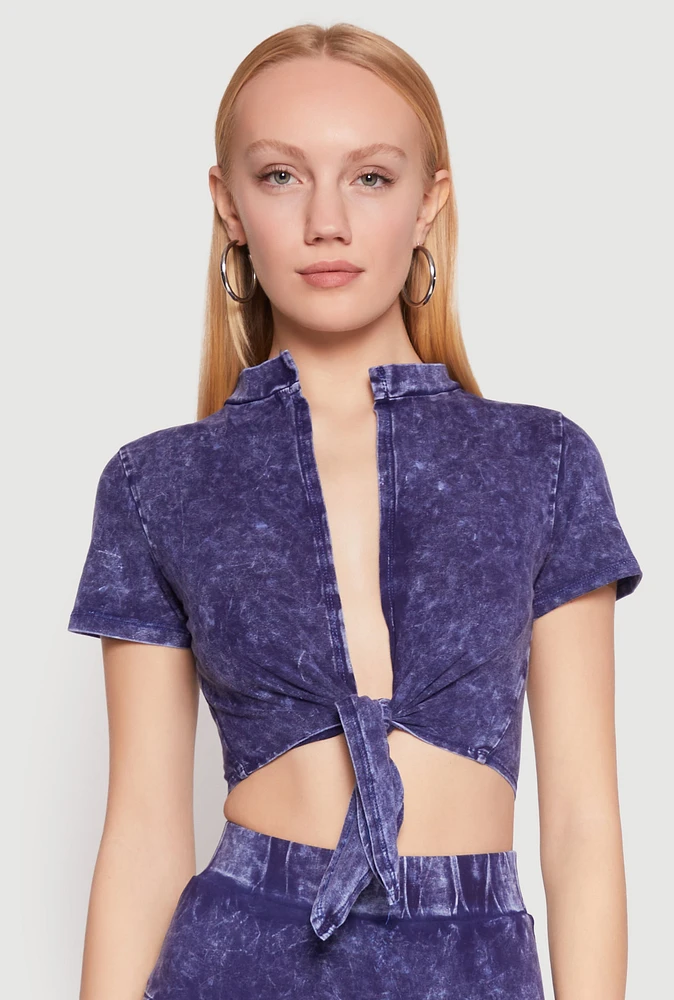 Womens Mineral Wash Tie Front Crop Top, Blue, Size L