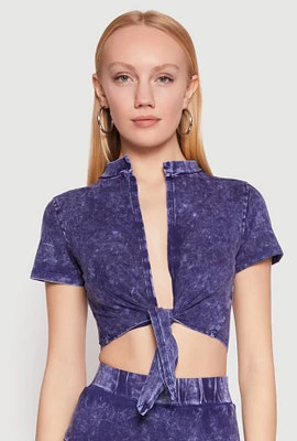 Womens Mineral Wash Tie Front Crop Top, Blue, Size L