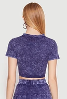 Womens Mineral Wash Tie Front Crop Top, Blue, Size L