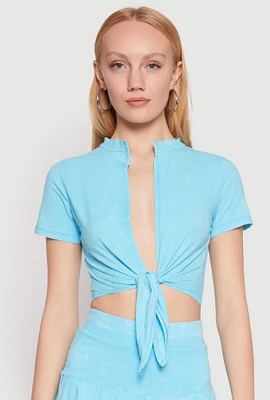 Womens Mineral Wash Tie Front Crop Top,