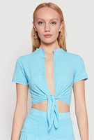 Womens Mineral Wash Tie Front Crop Top,