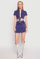 Womens Mineral Wash Mini Pleated Skirt, Blue, Size L
