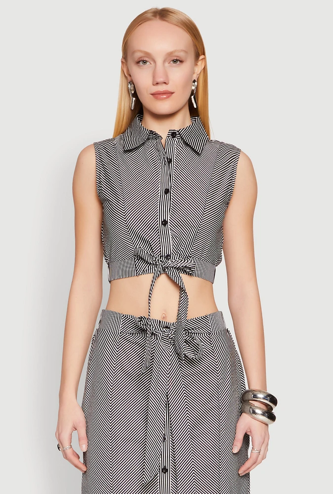 Womens Striped Tie Front Crop Top, Multi, Size M