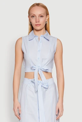 Womens Striped Tie Front Crop Top,