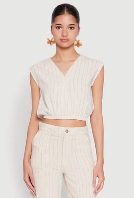 Womens Cap Sleeve Faux Wrap Crop Top, Beige,