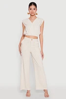 Womens Cap Sleeve Faux Wrap Crop Top, Beige,
