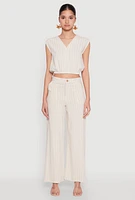 Womens Cap Sleeve Faux Wrap Crop Top, Beige,