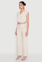 Womens Cap Sleeve Faux Wrap Crop Top, Beige,