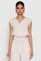Womens Cap Sleeve Faux Wrap Crop Top, Beige,