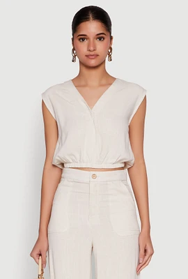 Womens Cap Sleeve Faux Wrap Crop Top, Beige, Size XL