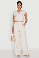 Womens Cap Sleeve Faux Wrap Crop Top, Beige,