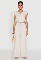 Womens Cap Sleeve Faux Wrap Crop Top, Beige,