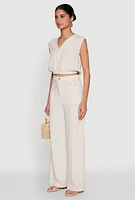 Womens Cap Sleeve Faux Wrap Crop Top, Beige, Size XL