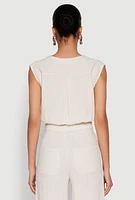 Womens Cap Sleeve Faux Wrap Crop Top, Beige,