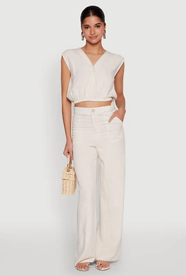 Womens Linen High Waist Dress Pants, Khaki, Size L