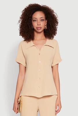 Womens Airy Fixed Cuff Button Front Shirt, Beige, Size M