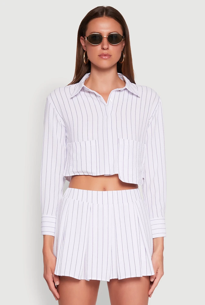 Womens Airy Cropped Striped Shirt, White, Size L