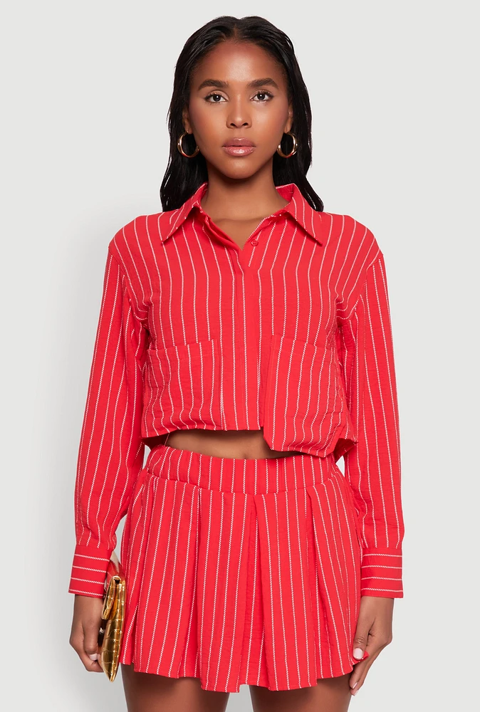 Womens Airy Cropped Striped Shirt, Red,