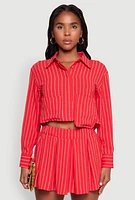 Womens Airy Cropped Striped Shirt, Red,