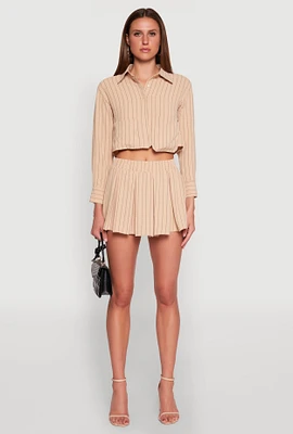 Womens Airy Striped Mini Pleated Skirt, Khaki, Size S
