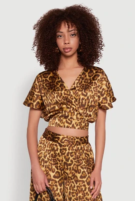 Womens Jaguar Print Tie Back Keyhole Cropped Wrap Top, Brown, Size L