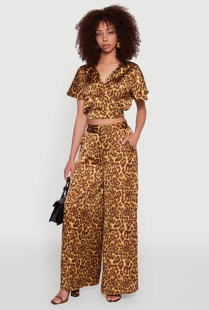Womens Jaguar Print Wide Leg Pants, Brown, Size M