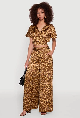 Womens Jaguar Print Wide Leg Pants, Brown, Size M