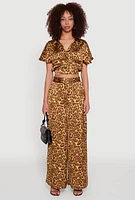 Womens Jaguar Print Wide Leg Pants, Brown, Size M