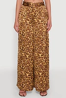 Womens Jaguar Print Wide Leg Pants, Brown, Size M
